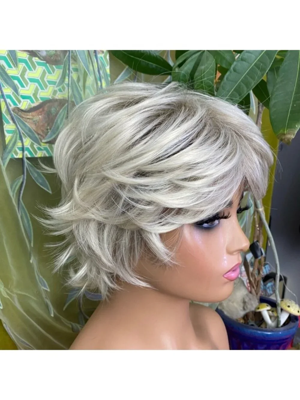 ash platinum blonde rooted shaggy pixie bob wig